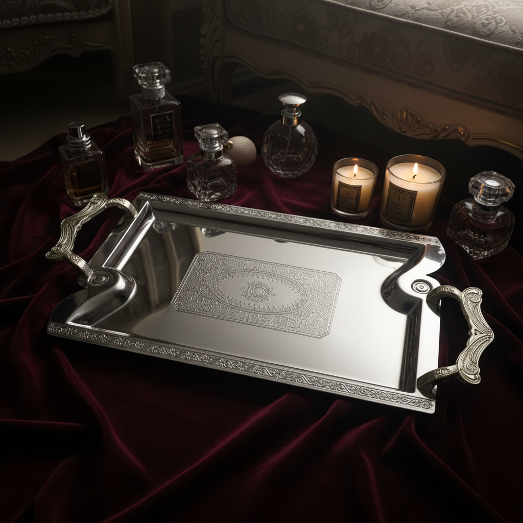 Maximan Silver Stainless Steel Serving Tray with Handles | 33.5 × 23.5 cm | Ornate Engraved Design