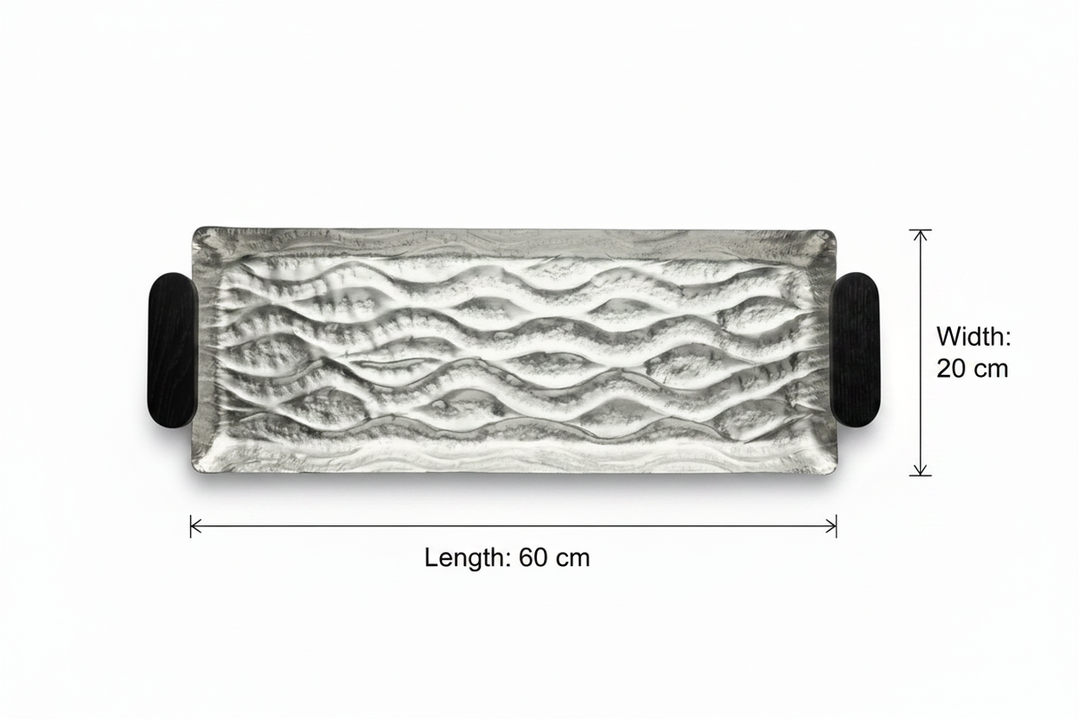 Luhpar Wave Textured Aluminum Rectangular Tray with Black Wooden Handles - 60×20cm - 74897-C