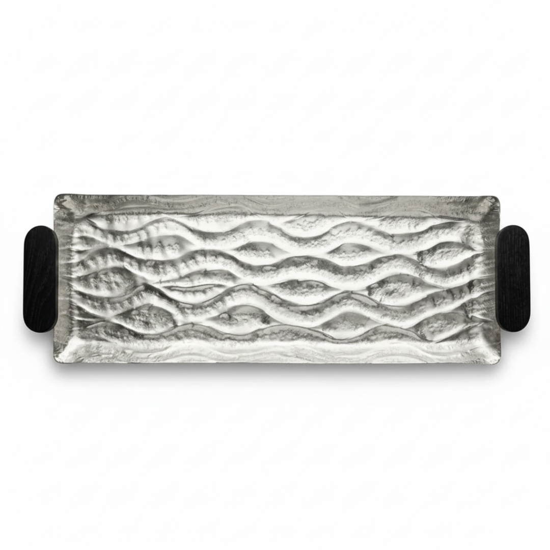 Luhpar Wave Textured Aluminum Rectangular Tray with Black Wooden Handles - 60×20cm - 74897-C