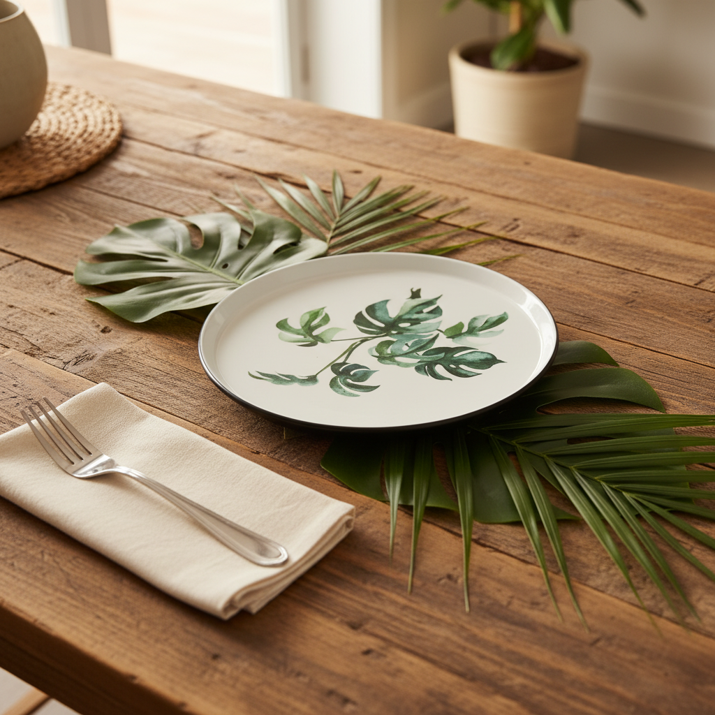Royalford Melamine Salad Plate | Black Rim with Green Botanical Leaf Design 9-Inch