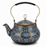 Blue & Black Enamel Metal Kettle with Islamic Geometric Mosaic Pattern, Crystal Lid Knob & Gold Handle | 1.5 Litre |