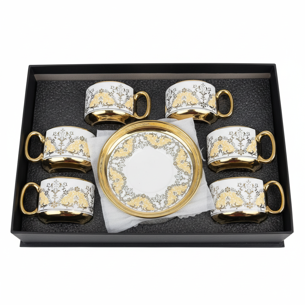12PCS Luxury Ceramic Cup & Saucer Set – 6 Cups & 6 Saucers | Gold Floral Design