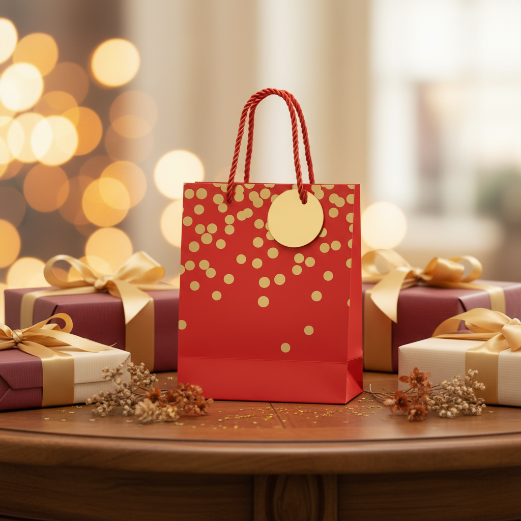 Yina Red & Gold Polka Dot Paper Gift Bag with Twisted Rope Handles & Tag | 23×18cm |