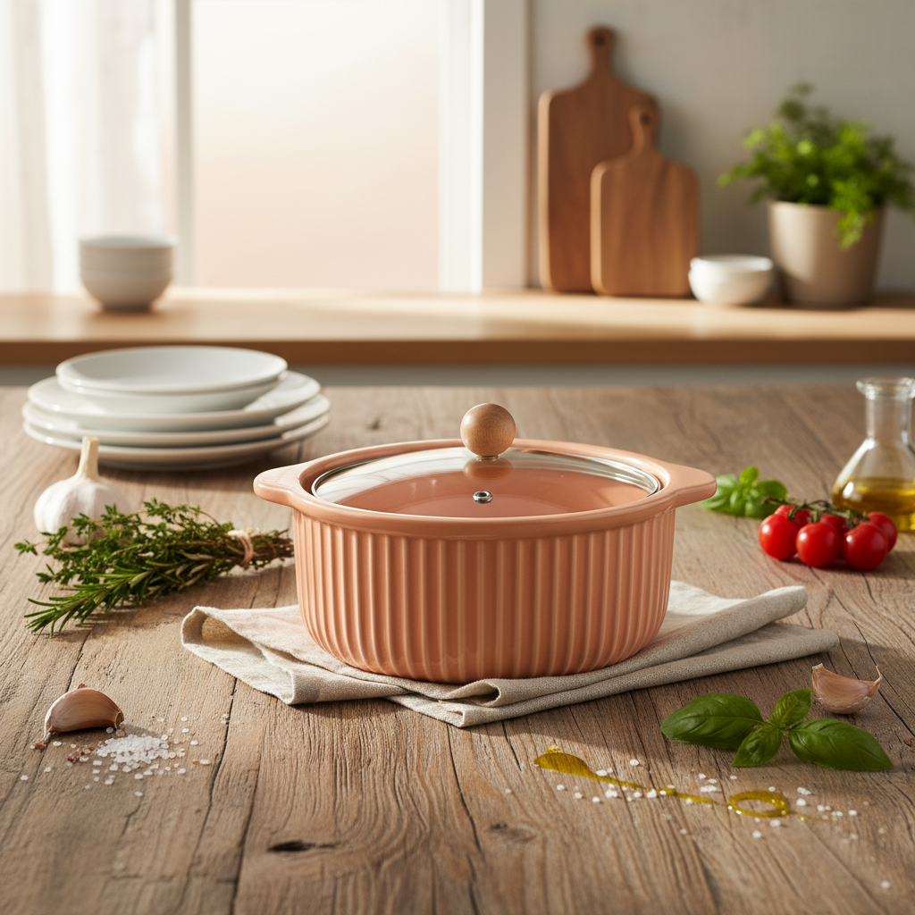 Nordic Luxury Terracotta Ceramic Bowl with Glass Lid - 1.1 Litre
