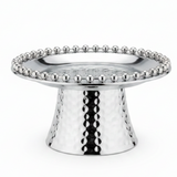Silver Metal Footed Round Candy & Dates Tray with Beaded Rim | Hammered Pedestal Serving Dish |