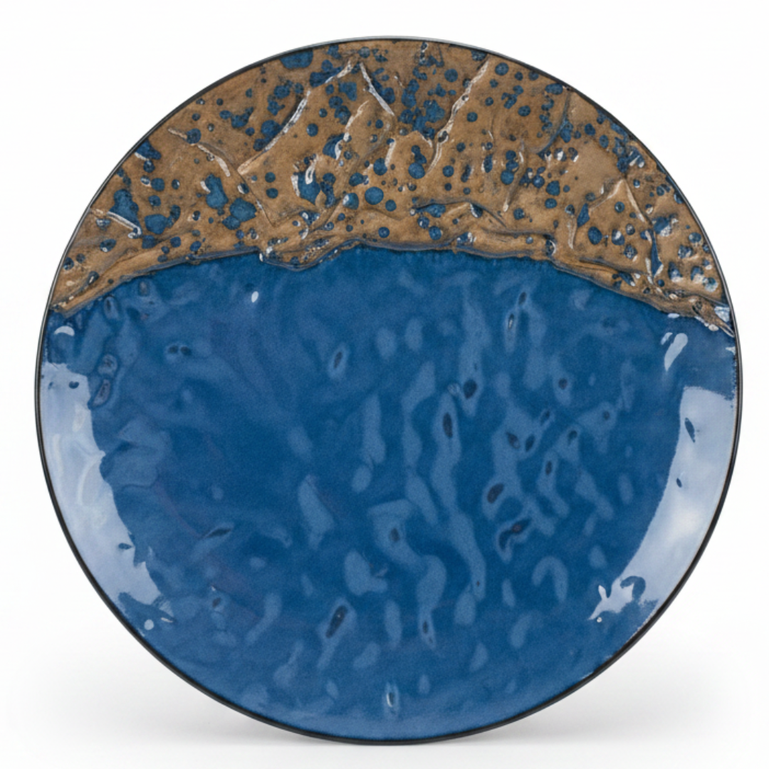 Navy Blue & Brown Round Reactive Glaze Ceramic Plate 30cm