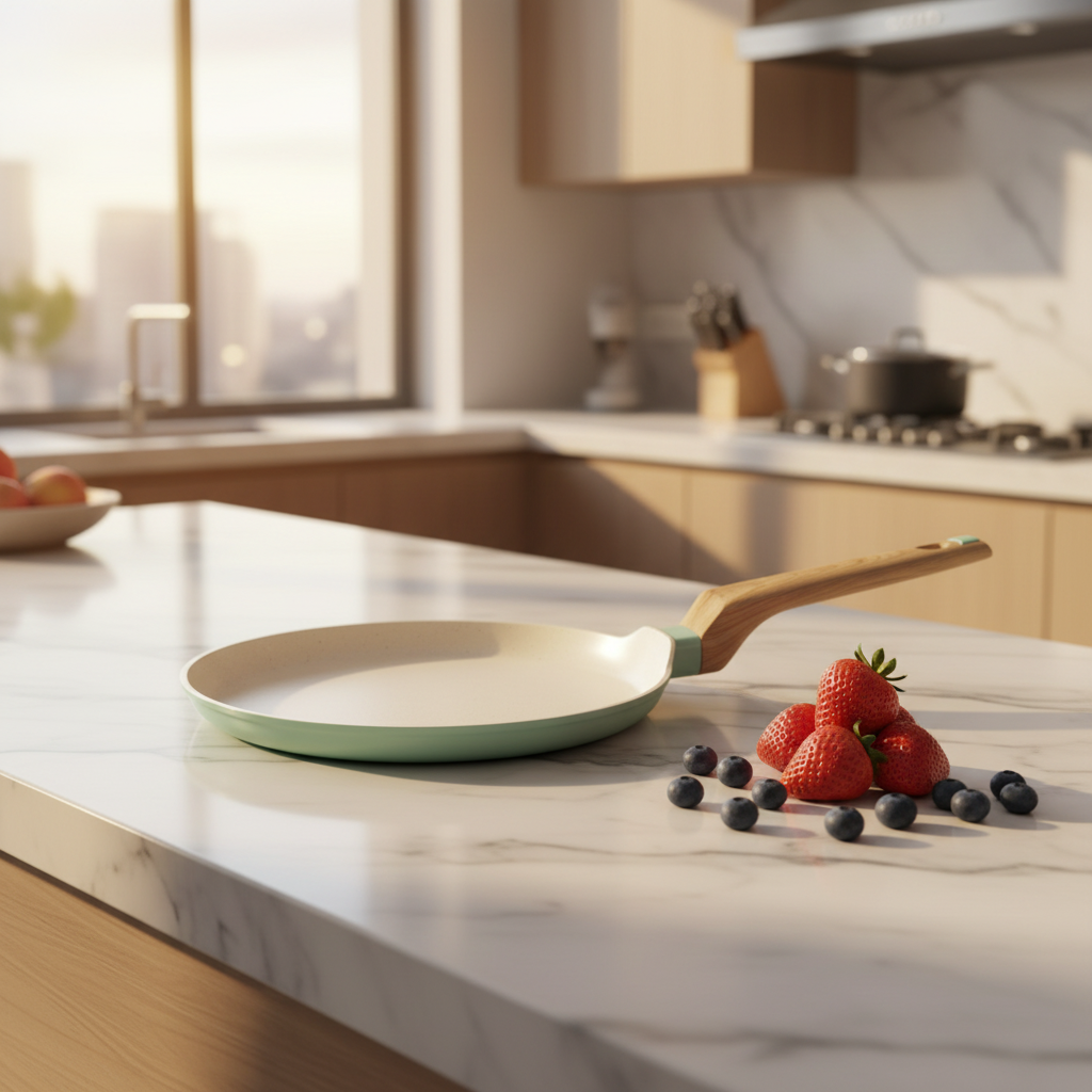 Nautilus Forged Aluminium Crepe Pan 24cm – Cream & Sage Green | Non-Stick | Wooden Handle