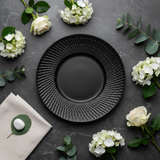 Black Ceramic Round Charger Plate with Embossed Radial Rim – 8.5 Inch