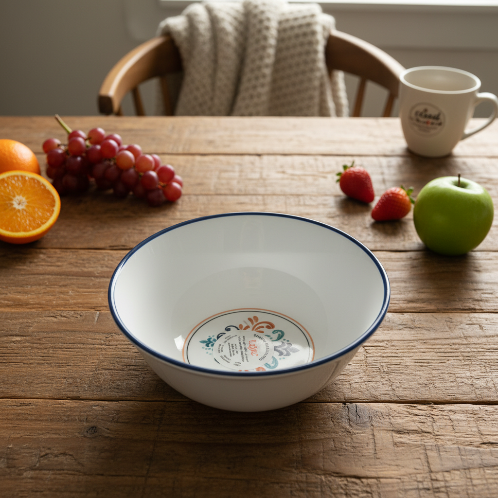Vague White Melamine Bowl with Navy Blue Rim & Floral Design — 5.25 Inch