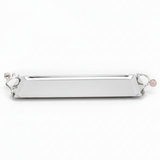 Silver Stainless Steel Rectangle Cake & Serving Tray with Ornate Floral Handles & Rose Quartz Accent – 35×12cm / 45×12cm