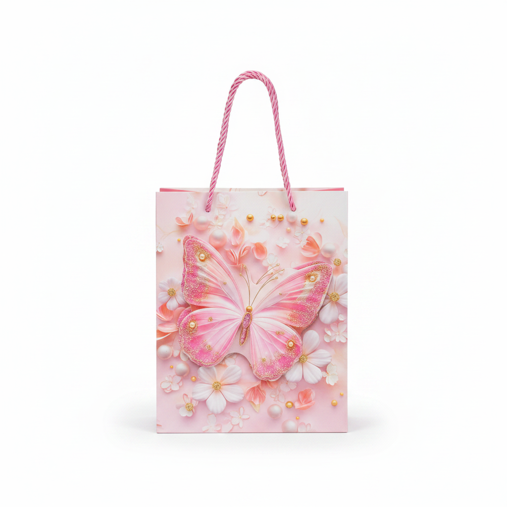 Pink Butterfly Paper Gift Bag - 23×18 cm