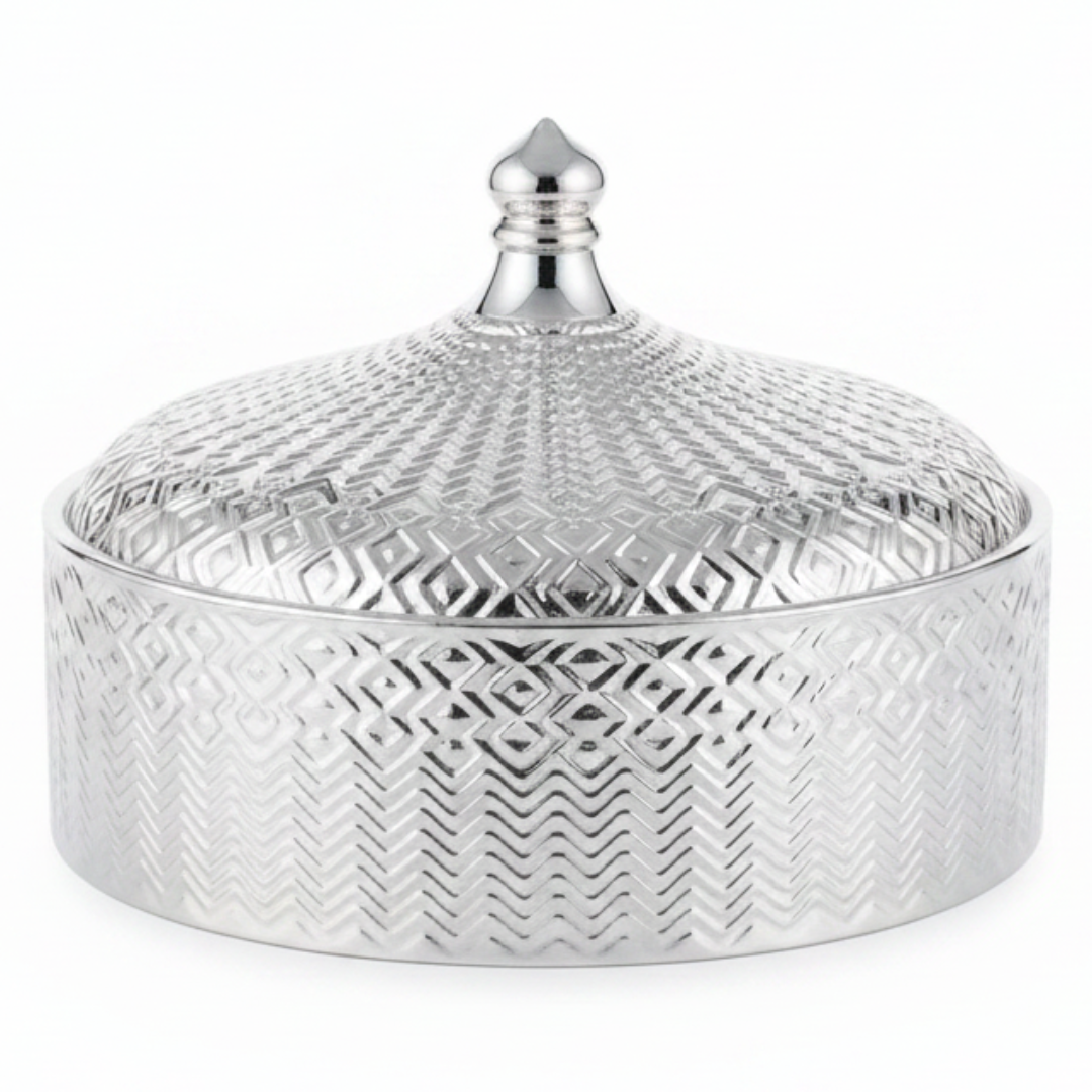 Royal Ceramic Candy Bowl with Lid | Embossed Geometric Design | 18×6 cm | Gold & White,Silver & White |
