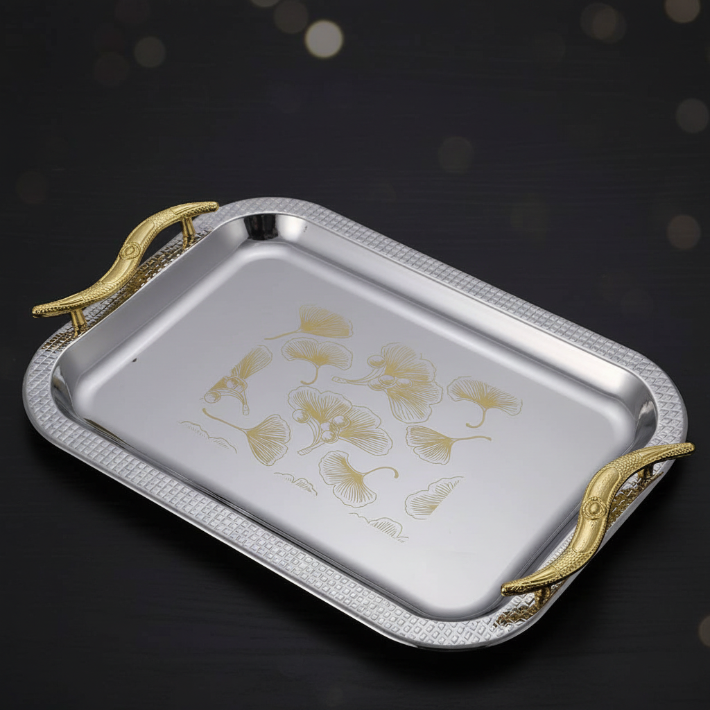 Maximan Luxury Silver & Gold Stainless Steel Serving Tray with Ornate Handles | 33.5 × 23.5 cm