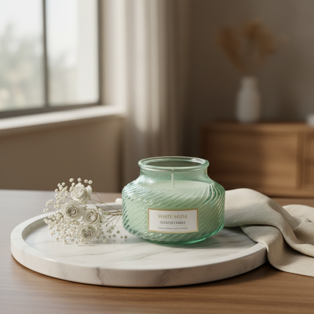 Scented Candle in Ribbed Glass Jar | Long-Lasting Home Fragrance | 8×8 cm | White Musk / Amber Myrrh / Wild Bluebell / Fresh Freesia