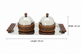 Luhpar Rectangular Stainless Steel Serving Tray with 2 Wooden Bowls & Dome Lids - 44×22×13 cm