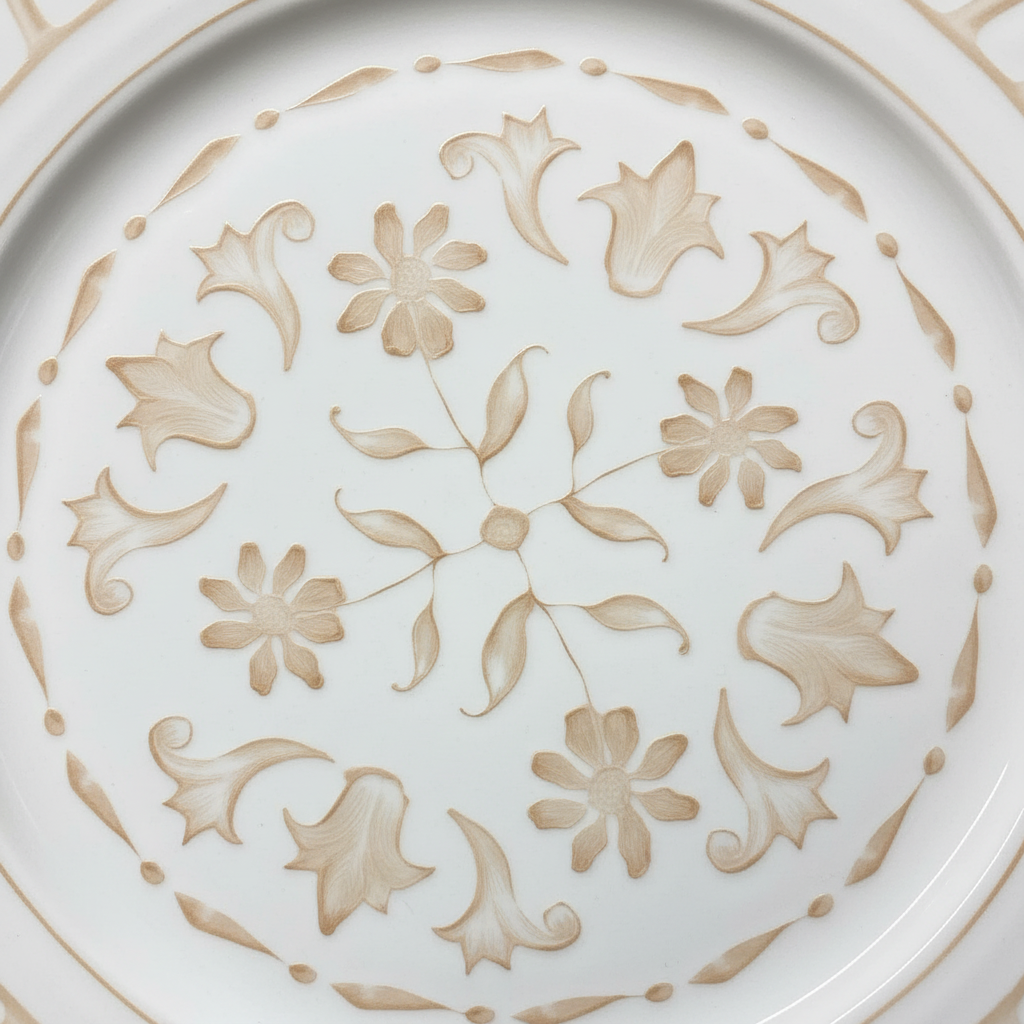 Luhpar White & Gold Floral Embossed Round Ceramic Dinner Plate - 10.5 Inch