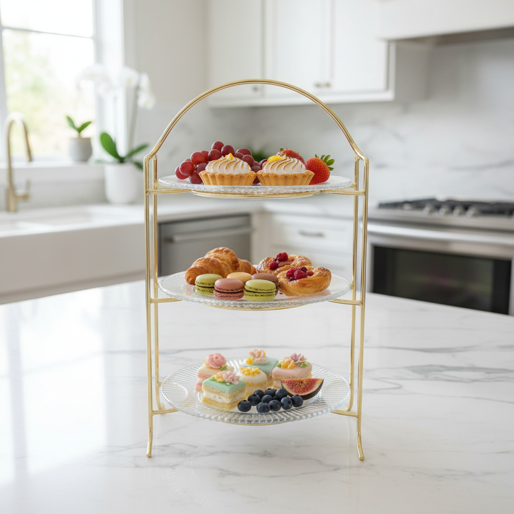 Meera 3-Tier Round Glass & Gold Metal Candy Serving Tray Stand | Elegant Dessert Display Tower for Sweets, Dates & Pastries | 23×50 cm |