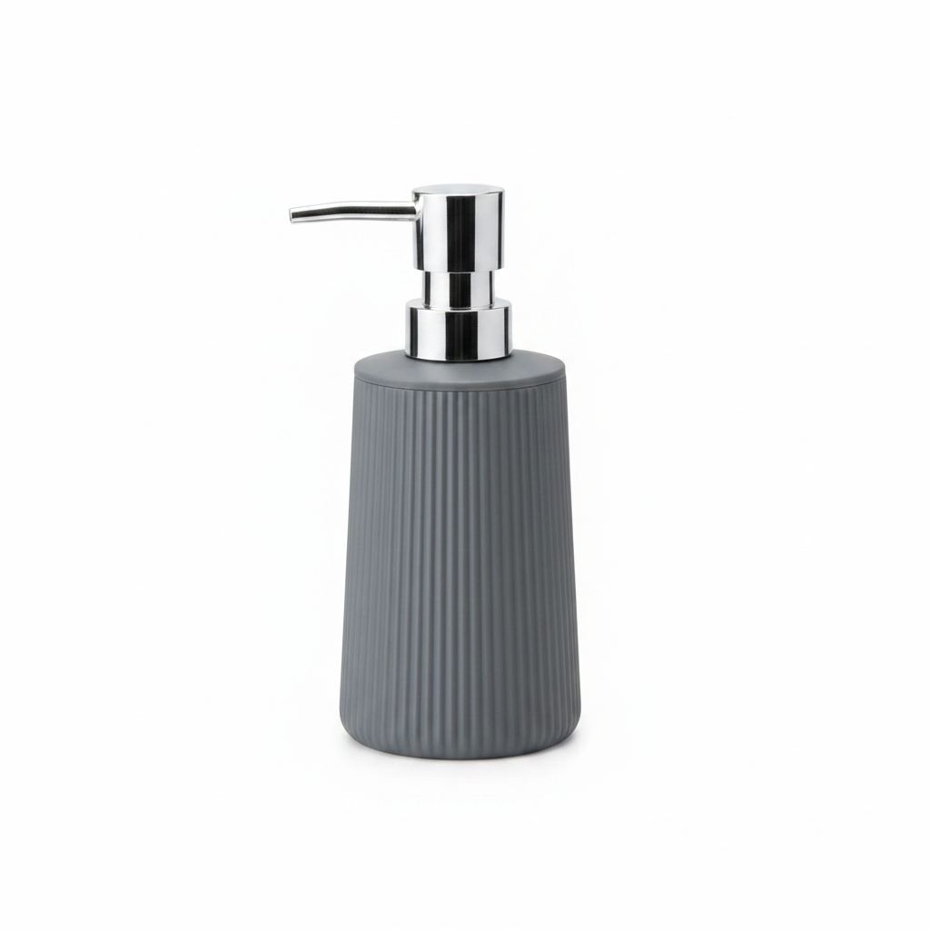 Grey Plastic Ribbed Soap Dispenser with Chrome Pump – 400ml
