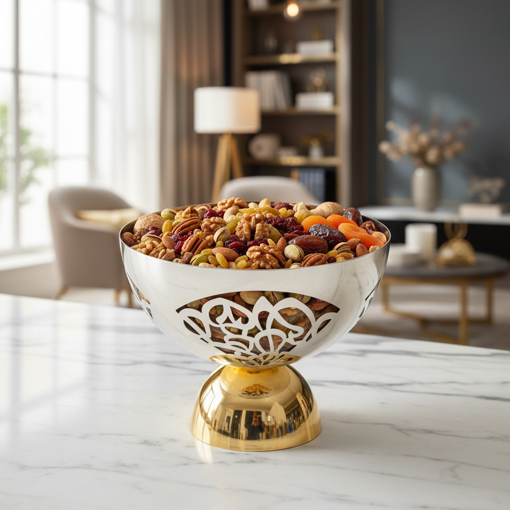 Silver & Gold Stainless Steel Footed Candy Bowl | 25×20cm | Etched Floral Design