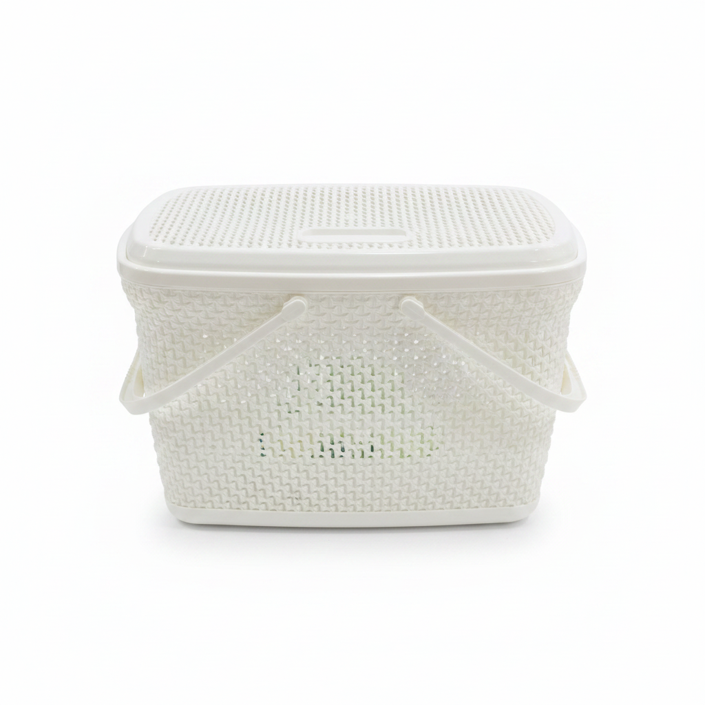 Polytime Plastic Picnic Basket with Lid & Handles - 30 × 45 × 35cm - Grey / White
