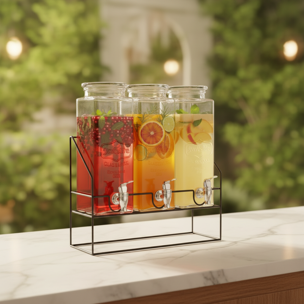 3 Pcs Classic Glass Beverage Dispenser Set with Metal Stand – 2.2L Each