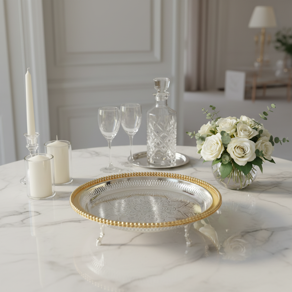 Zolten Gold & Silver Stainless Steel Round Footed Serving Tray - 35cm
