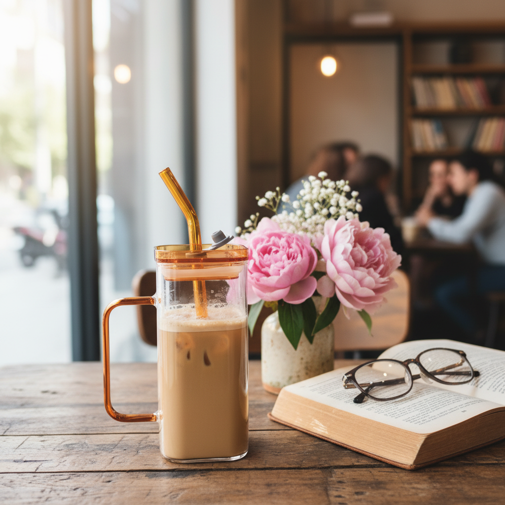 Yuniverse Square Glass Juice Mug with Straw — 400ml