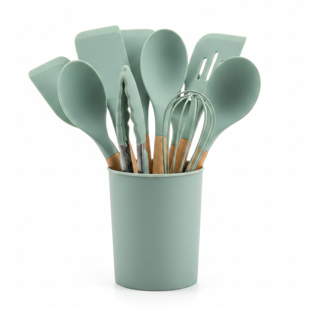 Yi Guan Silicone Kitchen Utensils Set with Wooden Handle – 12 Pcs - Assorted Colors