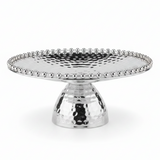 Silver Metal Footed Round Candy Tray | Hammered Finish with Beaded Edge | Elegant Serving Pedestal Stand |