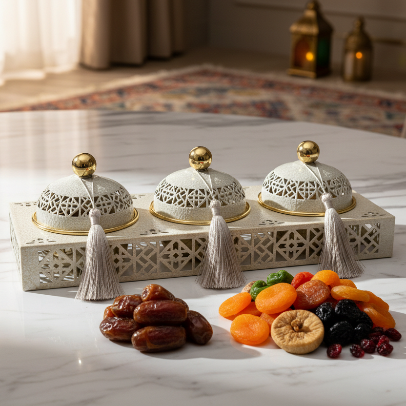 Cream & Gold Arabesque Candy Bowl with Holder — 3 Pcs Set - 40×15 cm