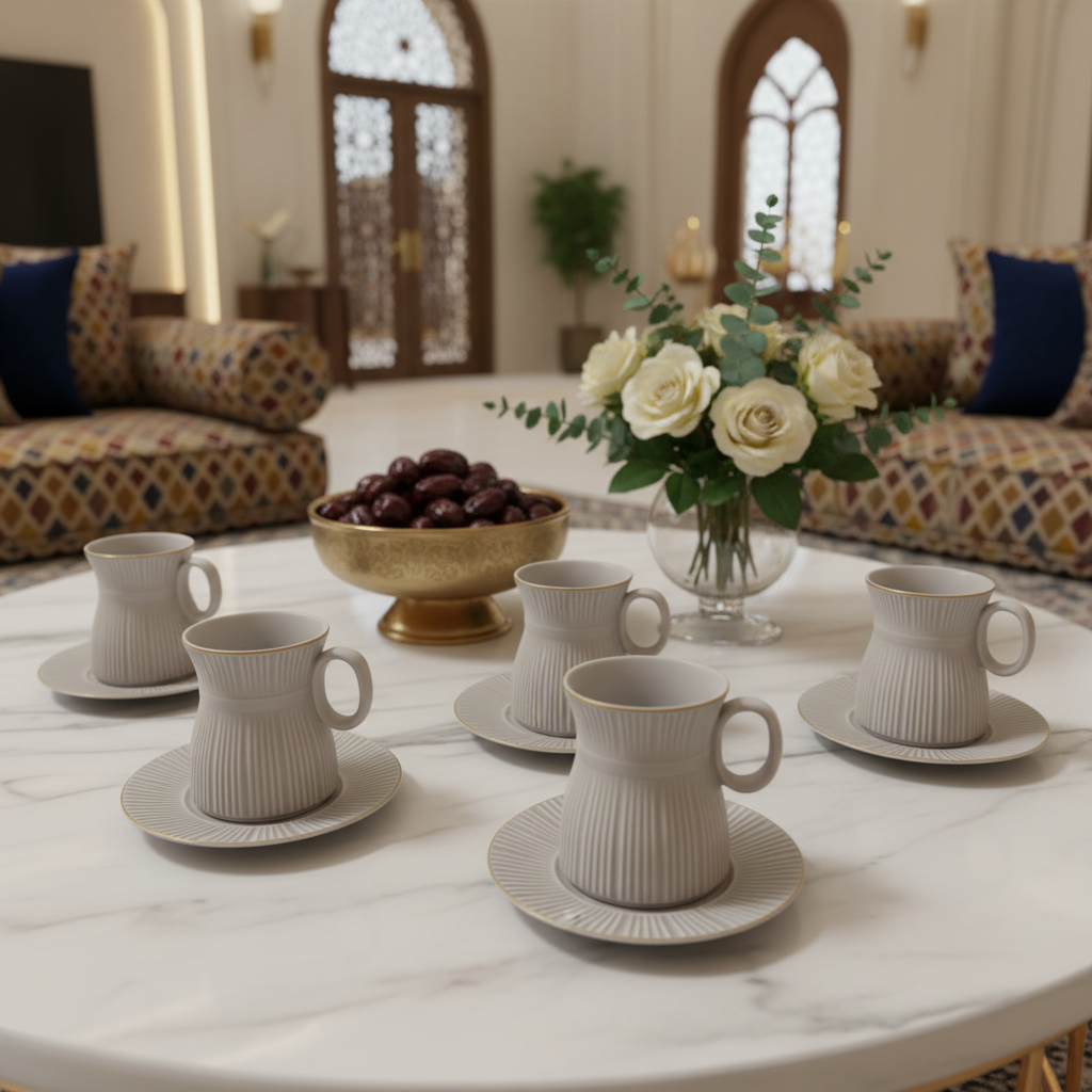 Hamid 12-Piece Ceramic Cup & Saucer Set – Light Gray with Gold Rim | 6 Cups & 6 Saucers