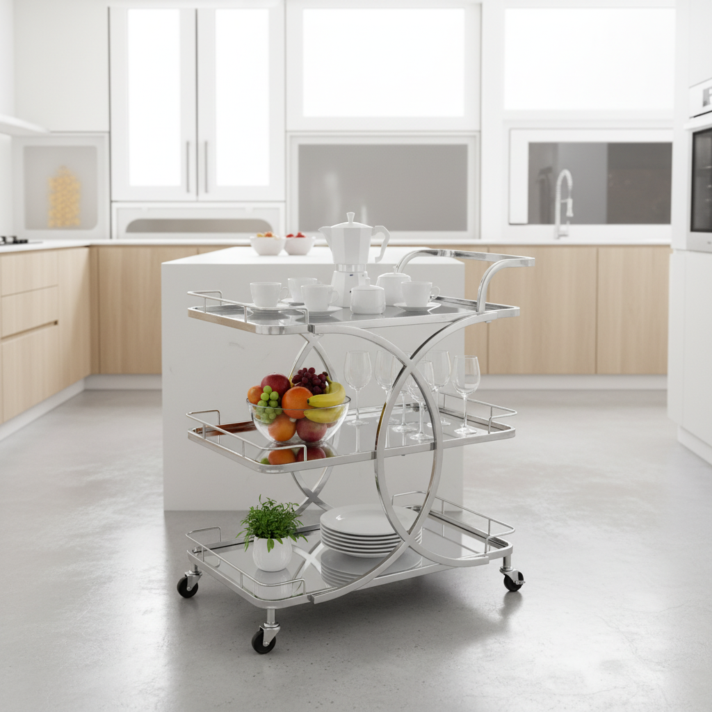 Life Smile 3-Tier Silver Chrome Metal & Mirror Glass Serving Trolley | Multi-Purpose Rolling Cart with Circular Frame | 80×70×40 cm |