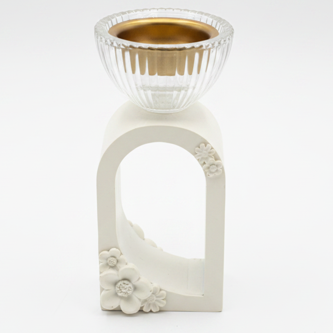 Cream Chalk & Crystal Glass Incense Burner | Floral Arch Design | 15cm