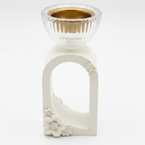 Cream Chalk & Crystal Glass Incense Burner | Floral Arch Design | 15cm