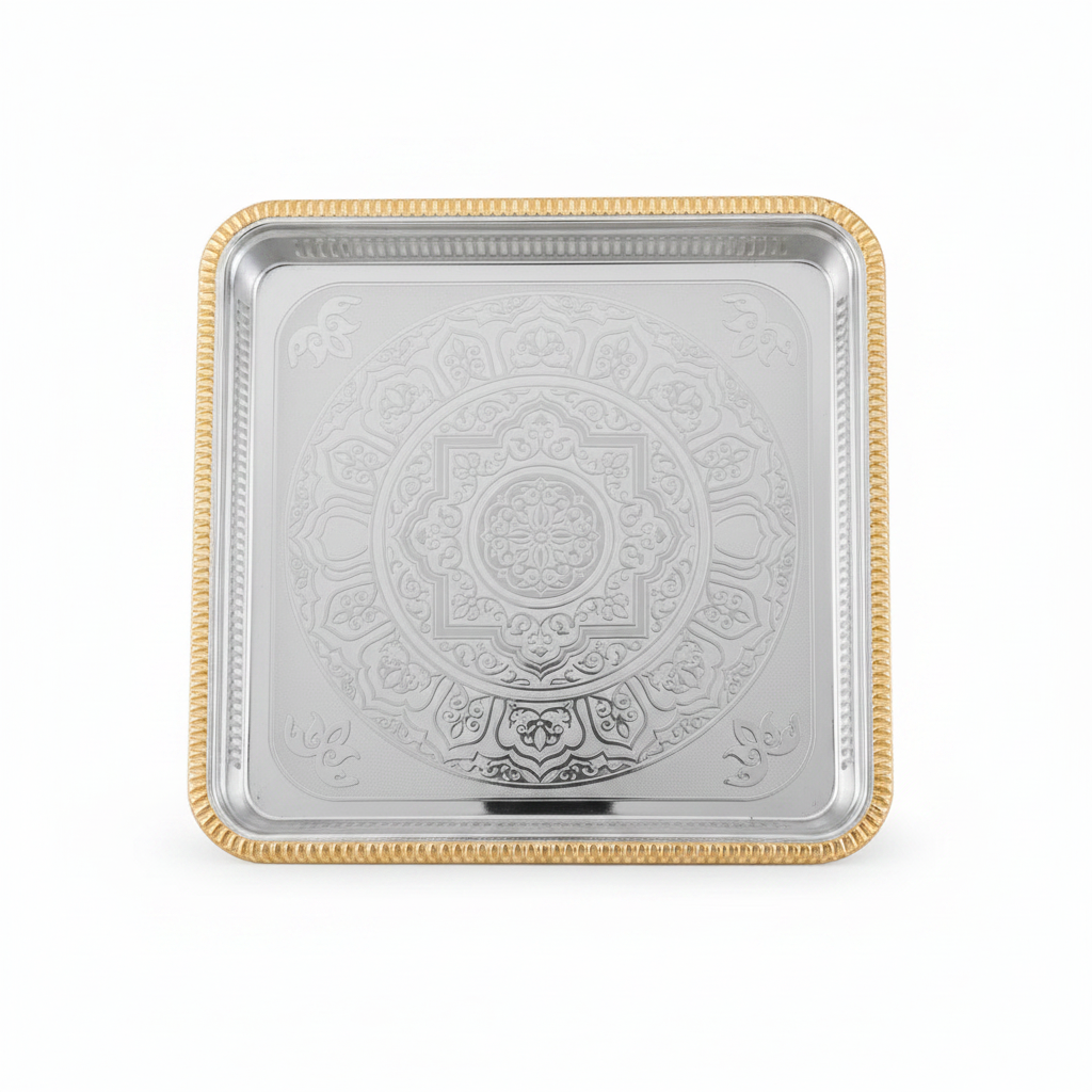 Zolten Square Gold & Silver Metal Serving Tray – 36×36 cm