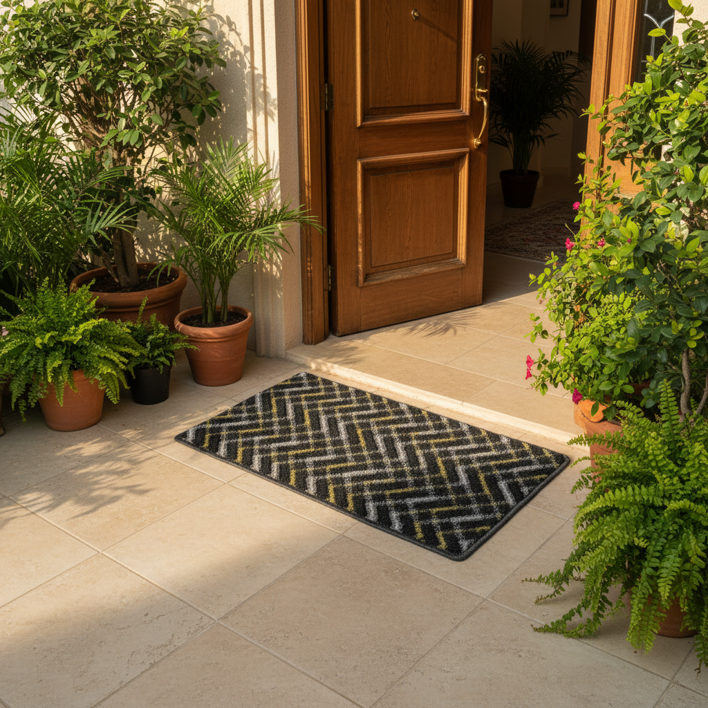 Anti-Slip Rectangle Door Mat 62×38 cm | Chevron Zigzag Pattern | Charcoal, Olive & Silver | Indoor & Outdoor Entrance Rug for Home, Kitchen & Villa