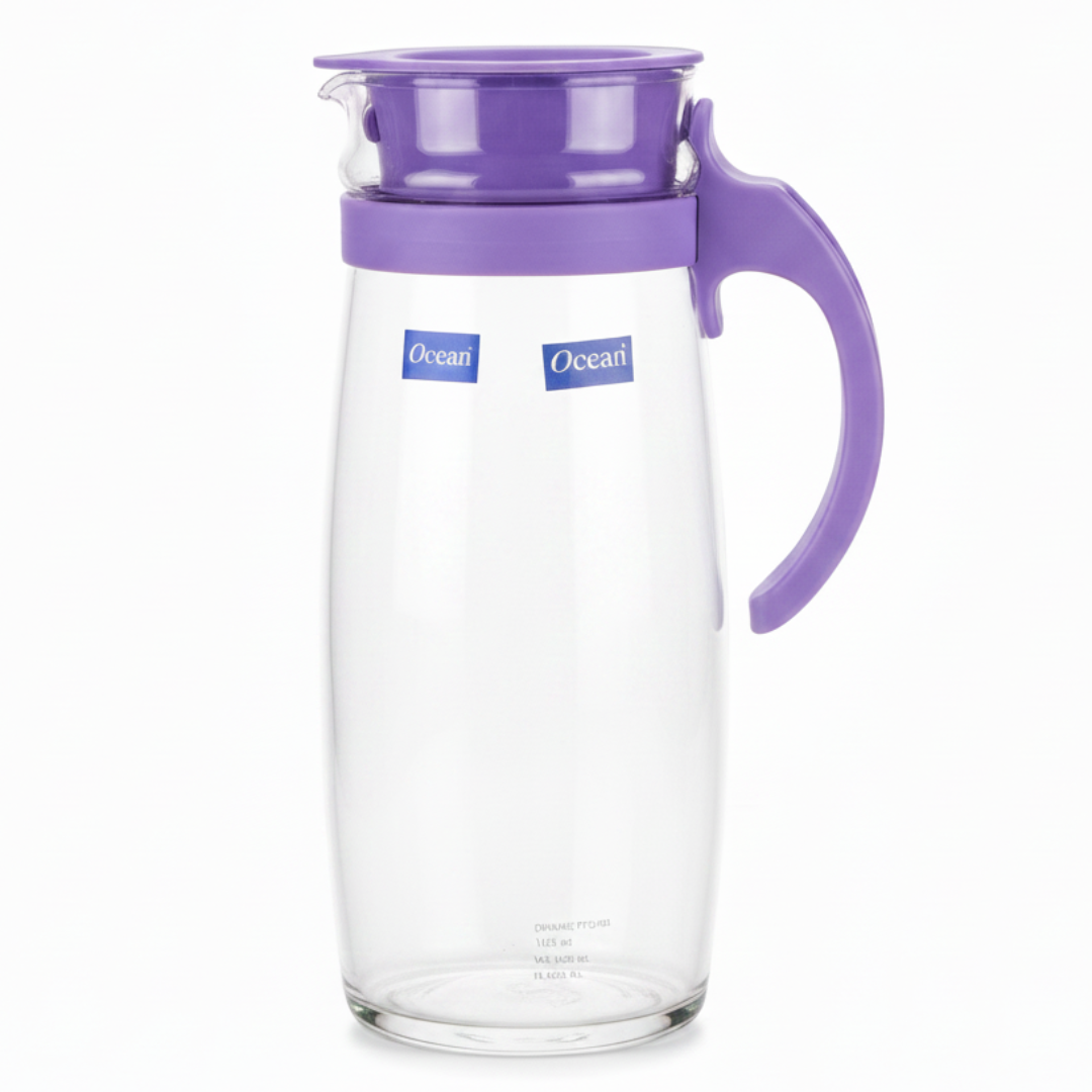Ocean glass pitcher jug with purple plastic lid & handle 1660ml