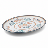 Vague White Oval Melamine Serving Plate with Navy Blue Folk Art Design & Rim — 14 Inch
