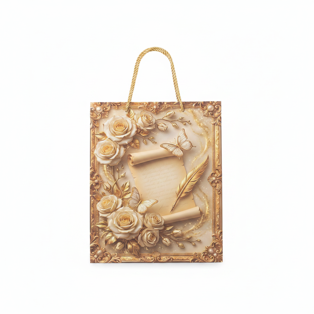 Rose & Butterfly Design Gold Baroque Paper Gift Bag - 30×25cm