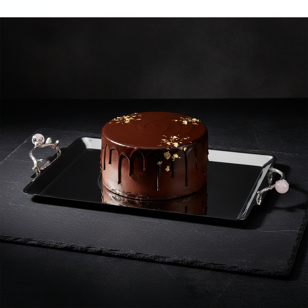 Silver Stainless Steel Rectangle Cake Tray with Ornate Handles — 40×25 cm |