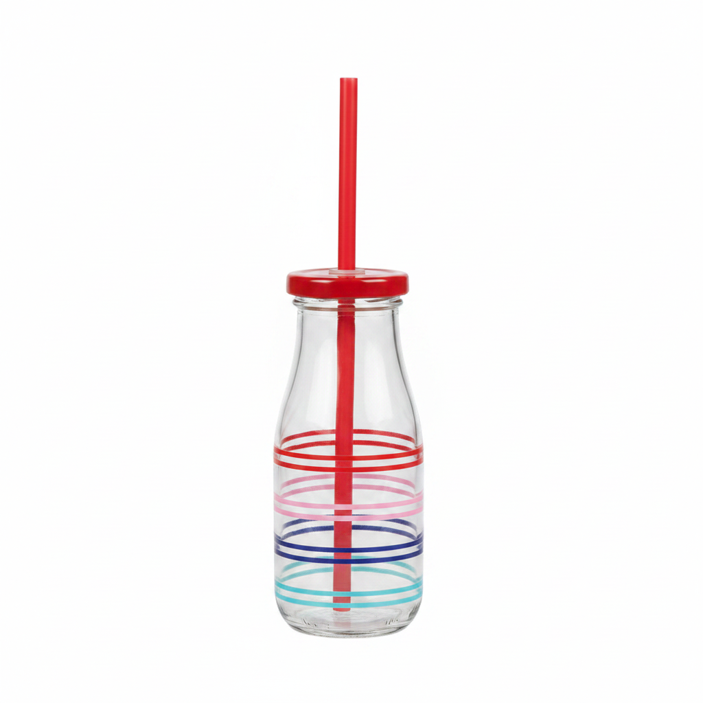 Striped Glass Bottle with Straw Lid – 350ml
