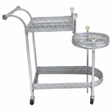Pilsco 3-Tier Silver Chrome Metal Ornate Serving Trolley with Round Side Tray and Wheels | Majlis & Hospitality Tea Cart | 70cmx60x34cm