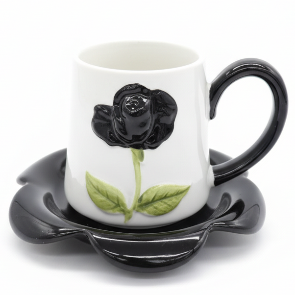 AKDC Ceramic Cup and Saucer Set – Black with White Flower Pattern, 380 ml Coffee & Tea Cup