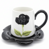 AKDC Ceramic Cup and Saucer Set – Black with White Flower Pattern, 380 ml Coffee & Tea Cup