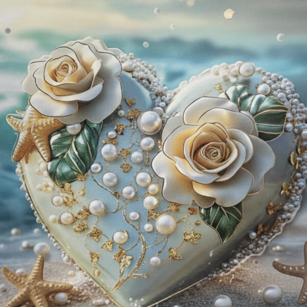 Teal & Ivory Pearl Heart Paper Gift Bag - 23×18cm