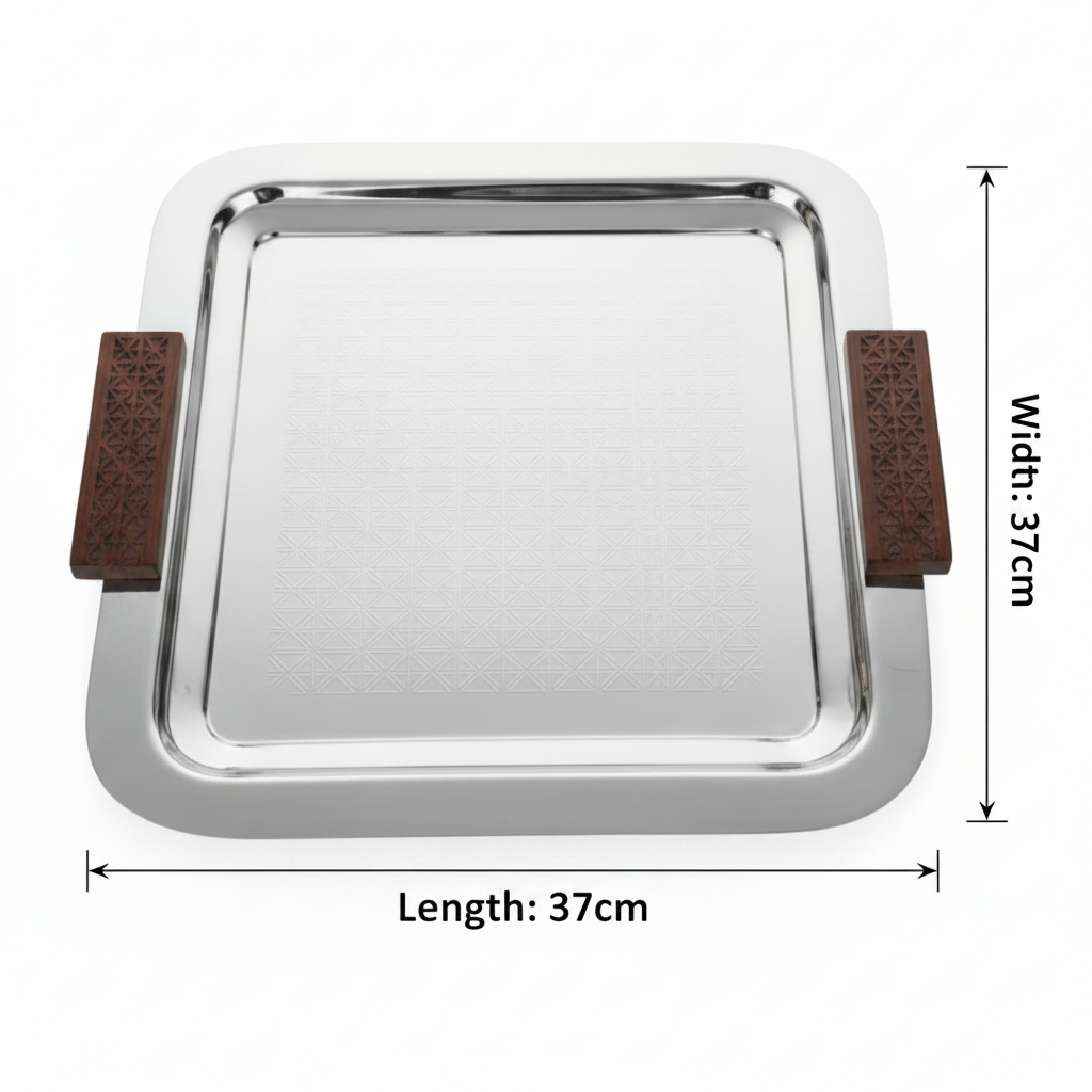 Luhpar Silver Square Stainless Steel Serving Tray with Wooden Handles - 37×37cm