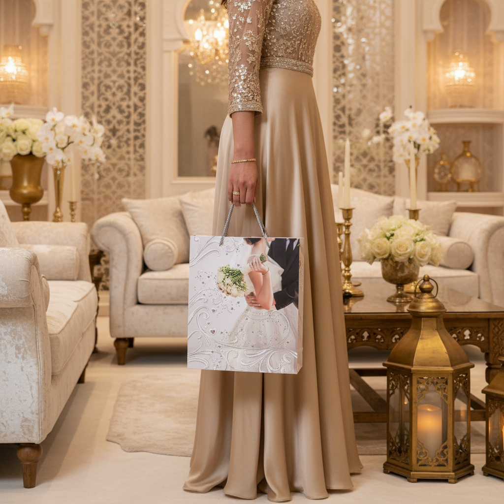 White Elegant Paper Gift Bag with Rope Handles | Wedding & Bridal Design | 32×26cm | Premium Glossy Finish