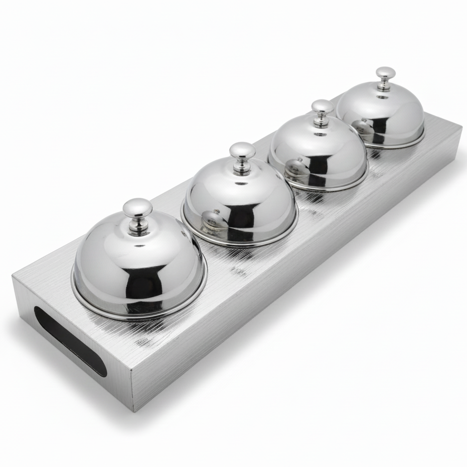 AKDC Candy Bowl Set with Holder (4 Pieces) – Luxury Metal Silver Finish, Complete Decorative Serving Set, 51 × 14 × 10 cm