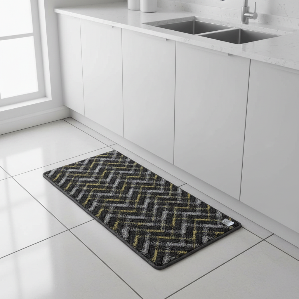 Anti-Slip Rectangle Door Mat 62×38 cm | Chevron Zigzag Pattern | Charcoal, Olive & Silver | Indoor & Outdoor Entrance Rug for Home, Kitchen & Villa