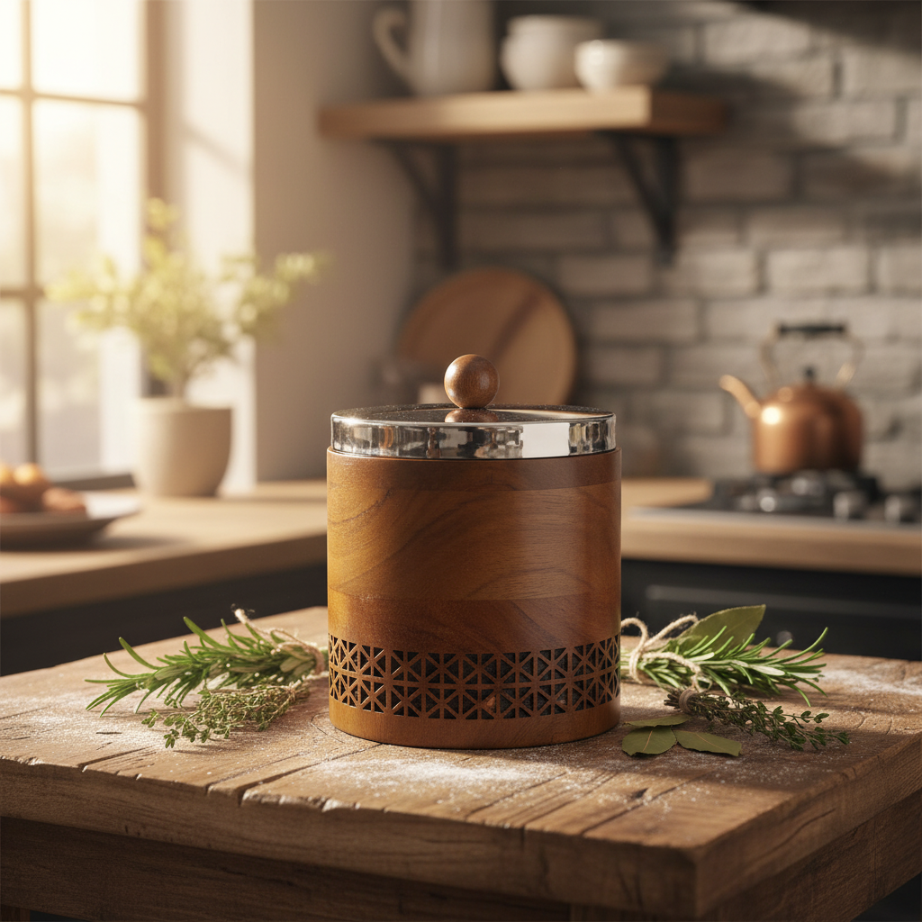 Luhpar Brown Wooden Jar with Silver Stainless Steel Lid — 12×12cm
